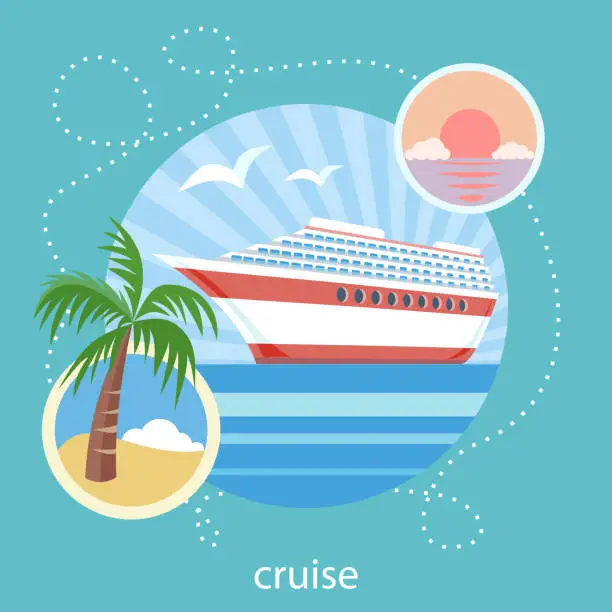 Vector illustration of Cruise ship and clear blue water. Water tourism