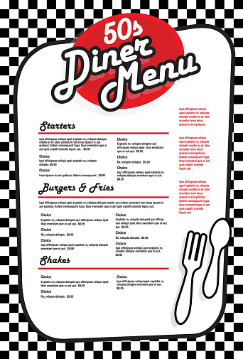 Late night retro 50s Diner  menu layout red and white