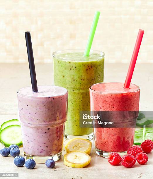 Glasses Of Various Smoothies Stock Photo - Download Image Now - 2015, Banana, Berry
