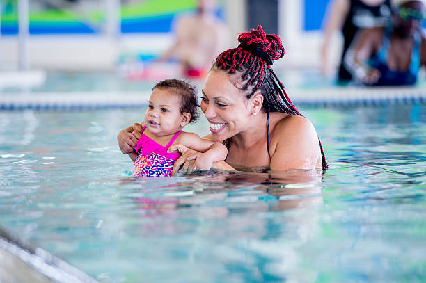 istock Mother holding her daughter in pool 465805730