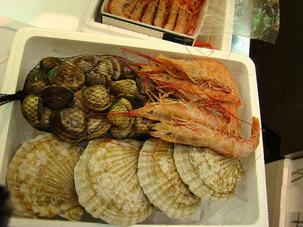 istock Shrimp, scallops, mussels on the  fish market 465805838
