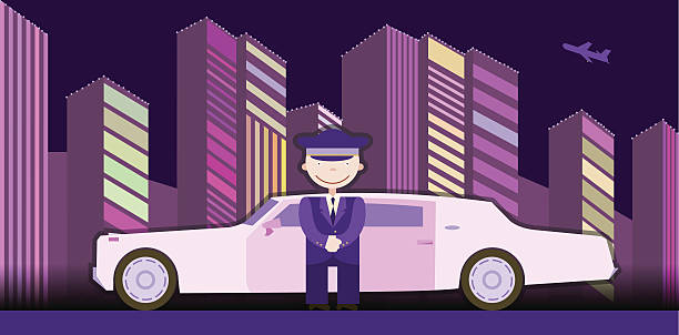 limuzyna sterownik stałego stojąc z przodu samochodu - cartoon city town car stock illustrations