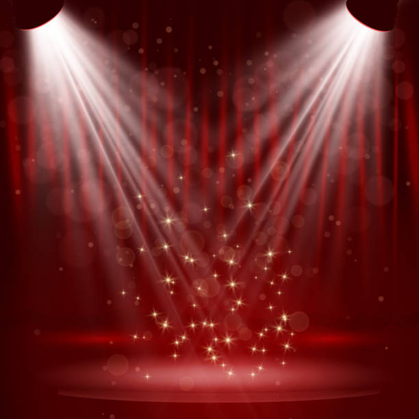 Spotlight on stage curtain with stars Spotlight on stage curtain with stars. Vector. stage curtain up stock illustrations