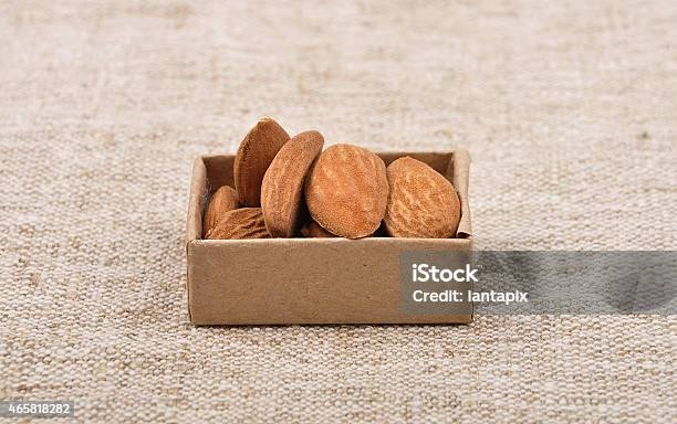 Almonds On Linen Stock Photo - Download Image Now - 2015, Almond, Box - Container