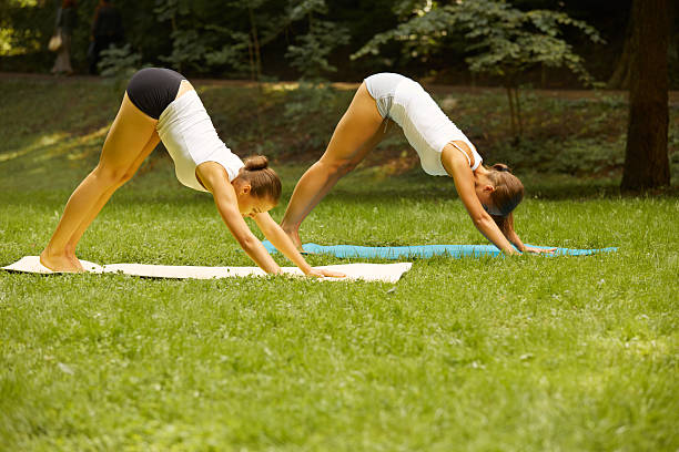 istock Fitness class. Beautiful young women doing exercise at summer park 465818556