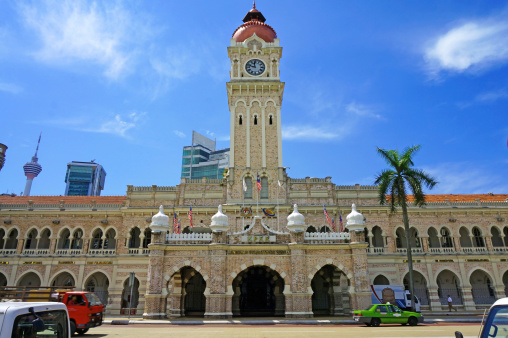 Entrance of the Sultan Abdul Samad Building in Kuala Lumpur, Malaysia. Photo with blue sky background.