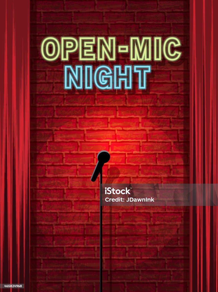 Open mic Night stage with neon sign and brick wall Vector illustration Open mic Night stage with neon sign and brick wall. Poster design or invitation template, easy to edit on separate layers. Includes spot light with microphone on stand, curtains, and neon sign on a textured brick wall. Microphone stock vector