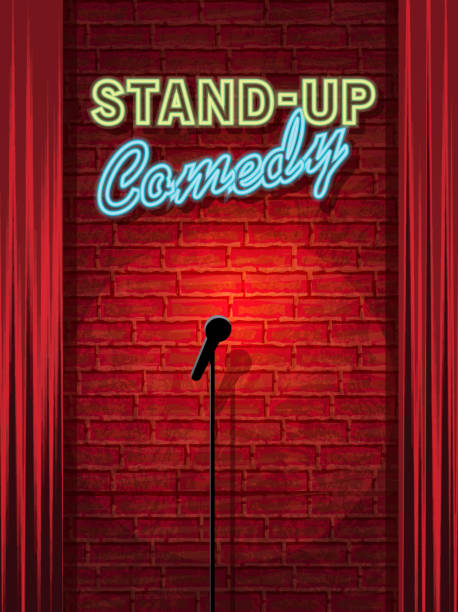 Stand-up Comedy Night stage with neon sign and brick wall Vector illustration Stand-up Comedy Night stage with neon sign and brick wall. Poster design or invitation template, easy to edit on separate layers. Includes spot light with microphone on stand, curtains, and neon sign on a textured brick wall. comedian stock illustrations