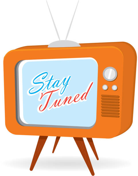 Retro orange tv with screen with stay tuned message Vector illustration of a Retro orange tv with message 'Stay Tuned' on screen on white background. old tv stock illustrations