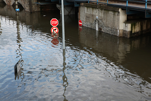 Stop and No right turn, traffic signs flooded by the swollen Elbe River in Usti nad Labem, Northern Bohemia, Czech Republic, on June 5, 2013.