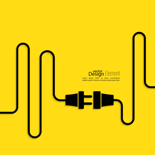 Power cord graphic on a yellow background Abstract background with wire plug and socket. Concept connection, connection, disconnection, electricity. Flat design. Yellow, black wired stock illustrations