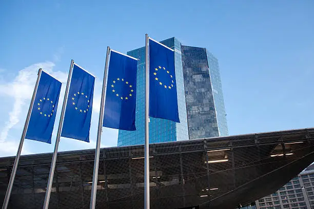 European Union flags in front of the European Central Bank, Frankfurt