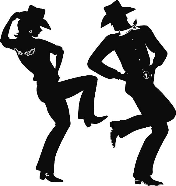 Line dance Silhouette of a cowboy and cowgirl dancing country-western, no white, EPS 8 line dance stock illustrations
