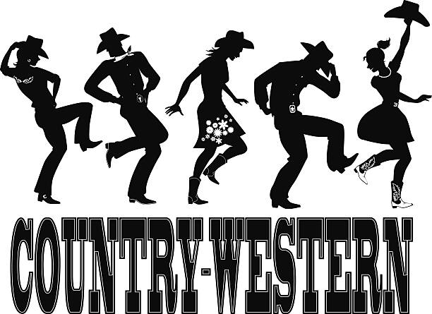 Country-western dance silhouette banner Silhouette of people dressed in Western style clothes, dancing, words "country-western" on the bottom, no white, EPS 8 silhouette of a cowgirl boots stock illustrations