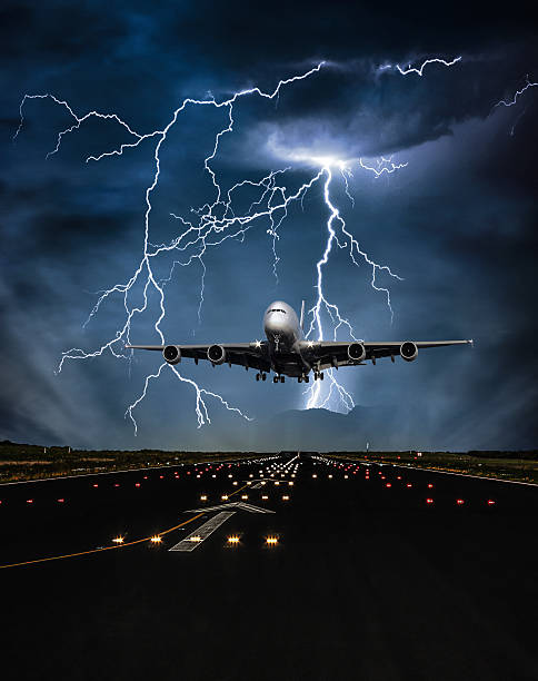 istock Lightning storm over an airport runway 465836254