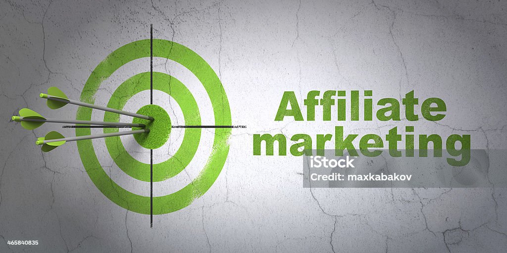 Finance concept: target and Affiliate Marketing on wall background Success finance concept: arrows hitting the center of target, Green Affiliate Marketing on wall background, 3d render Marketing Stock Photo