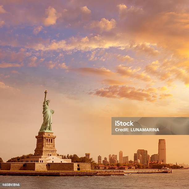 Statue Of Liberty New York And Manhattan Usa Stock Photo - Download Image Now - Statue of Liberty - New York City, New York City, Urban Skyline