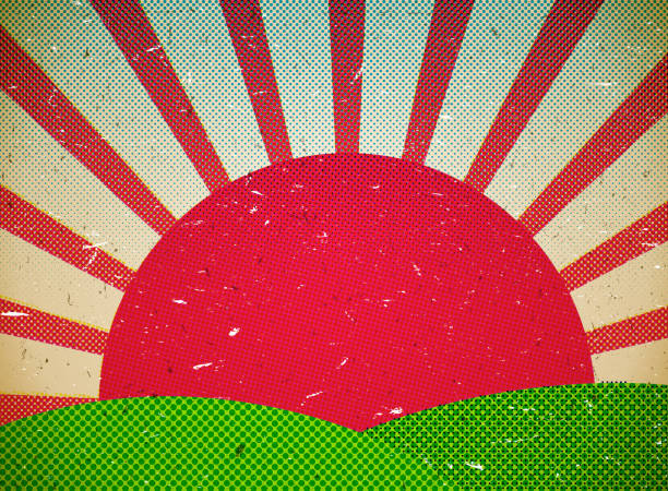 ilustraciones, imágenes clip art, dibujos animados e iconos de stock de rayada tarjeta de cartón con sol - retro fish day sunset sunlight