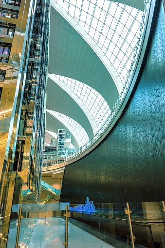 Elevators, water wall, fountain, reflection,aeroport Dubai Nikon D3x