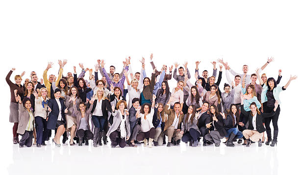 Crowd of cheerful business people with raised hands.
