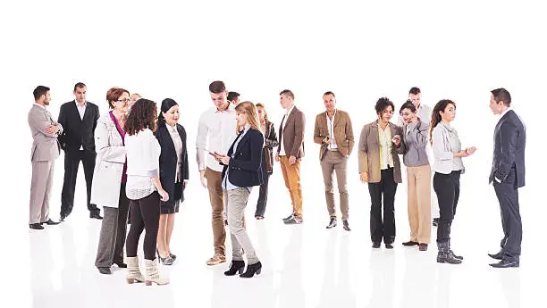 Large group of mixed-age business people standing together and cooperating.