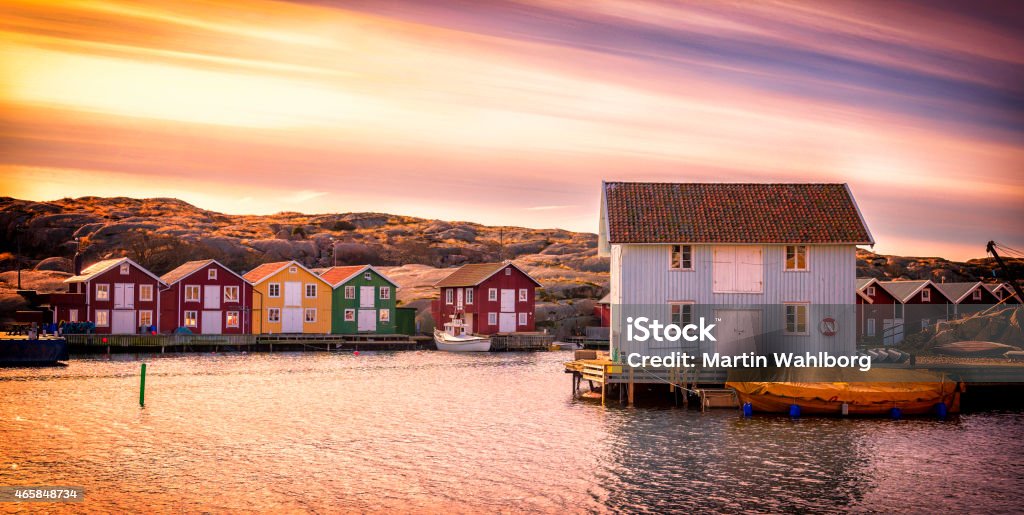Beautiful landscape view of sunset and houses at Smogen Idyllic village of Smogen in Bohuslan, Sweden. Sweden Stock Photo
