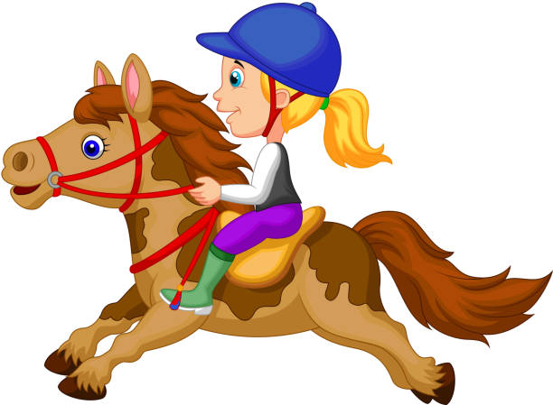 cartoon kleines mädchen auf einem pony pferd - jumping little girls child teenage girls stock-grafiken, -clipart, -cartoons und -symbole