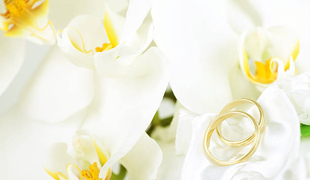 istock Close up on wedding rings and white orchid 465849518