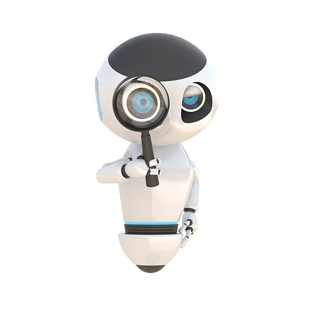 istock Robot glossy cute white robot with magnify glass Isolated 465849584