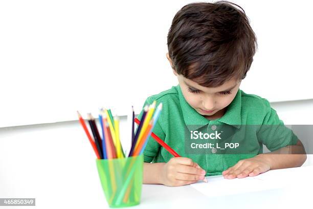 Little Boy Drawing With Colourful Pencils Stock Photo - Download Image Now - 2-3 Years, Activity, Boys