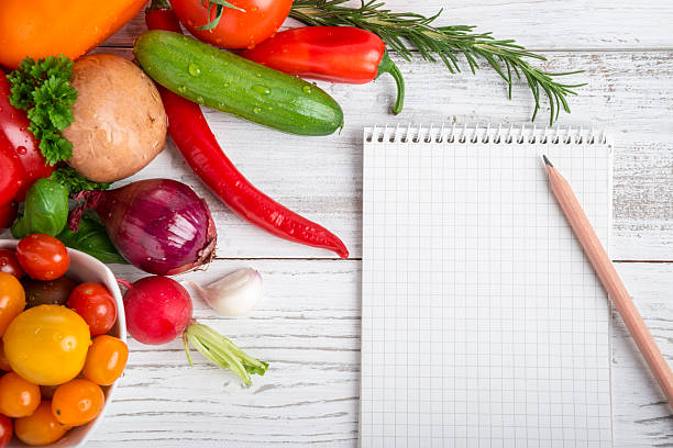istock Notepad with pencil, fresh vegetables and herbs on wood 465855296