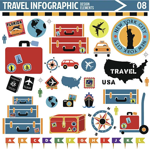 Vector illustration of Colorful travel design icons displayed on white background