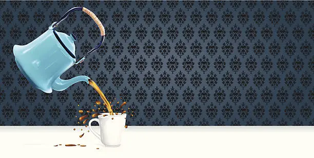 Vector illustration of Retro Coffeepot Pouring Splashing Coffee
