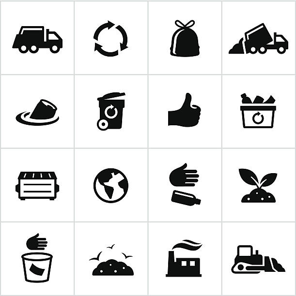 ilustraciones, imágenes clip art, dibujos animados e iconos de stock de negro iconos de gestión de poner verde - recycling paper garbage landfill