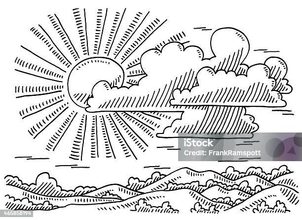 Beautiful Landscape Sun And Clouds Drawing Stock Illustration - Download Image Now - Line Art, Sunlight, Drawing - Art Product