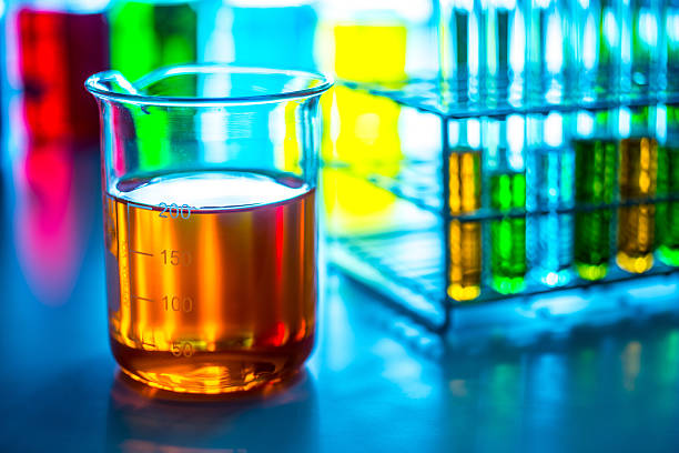 laboratory glassware with color liquid stock photo