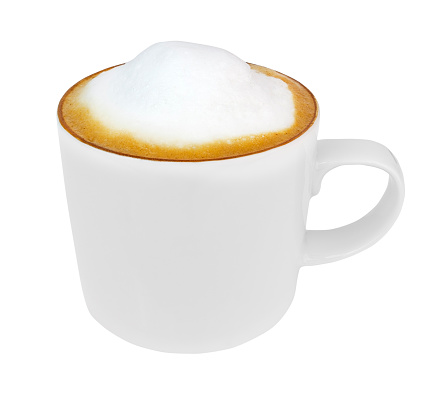 Homemade cappuccino with milk froth and no design. Isolated. White background.