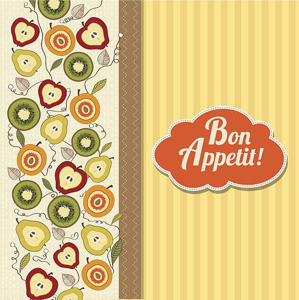 illustrazioni stock, clip art, cartoni animati e icone di tendenza di buon appetito carta con frutta - bon appetite