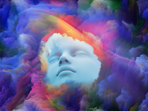 Lucid Dreaming series. Background design of human face and colorful fractal clouds on the subject of dreams, mind, spirituality, imagination and inner world