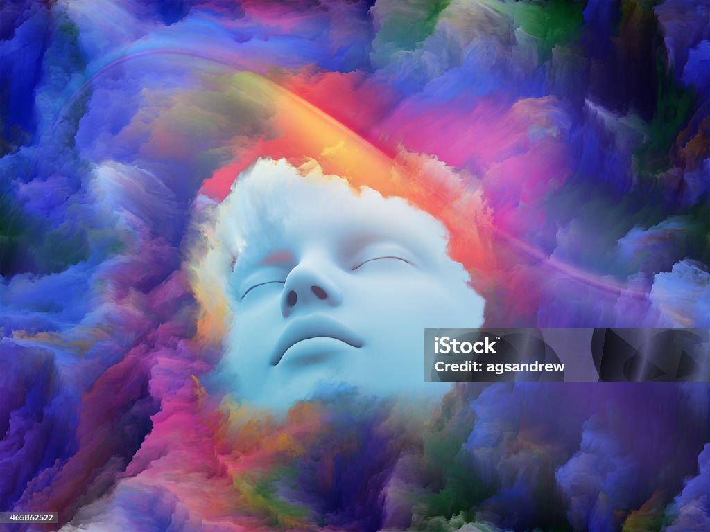 Virtual Dream Lucid Dreaming series. Background design of human face and colorful fractal clouds on the subject of dreams, mind, spirituality, imagination and inner world 2015 Stock Photo