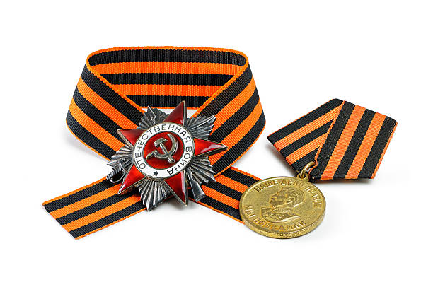 istock Soviet military medal, order, George ribbon isolated on white 465865020
