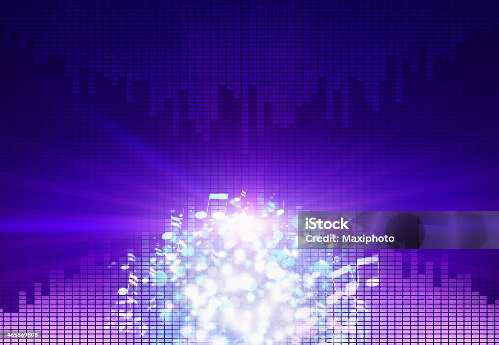 Music and sound background with blue equalizer soundwave and notes Sound explosion: light, sound and musical notes exploding from the image bottom side and creating a circle of colorful music background, with blue and purple light, surrounded by an equalizer soundwave graph with pulsing bars.  Horizontal composition with dark background and copy space. 2015 stock illustration