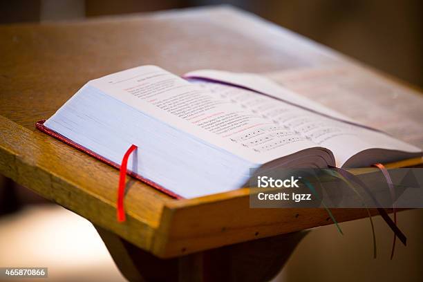 Open Bible On Table With Bookmarks In Pages Stock Photo - Download Image Now - Pulpit, Preacher, Church