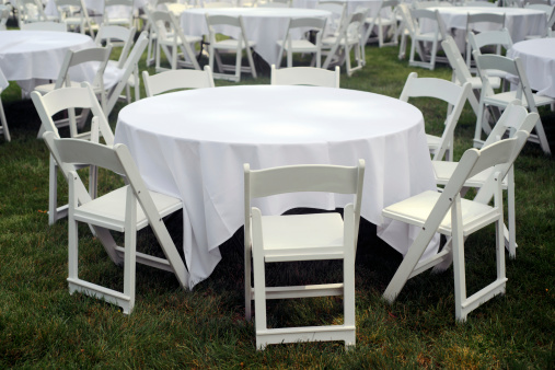 White tables set up on the lawn for an informal reception held in the open air