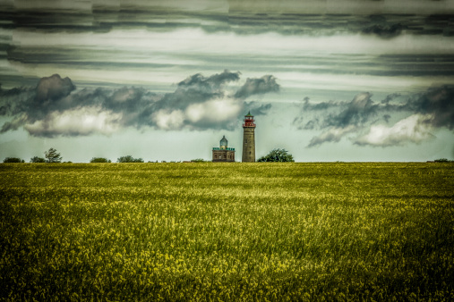Cape Arkona with a rapeseed field and the lighthouses.