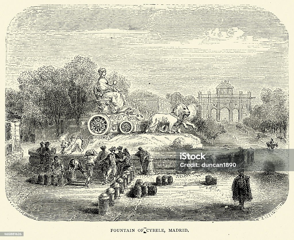 Spanish Pictures - Fountain of Cybele in Madrid Vintage engraving of scene from 19th Century Spain. The fountain of Cybele is found in the part of Madrid commonly called the Paseo de Recoletos. This fountain is named after Cybele, a Phrygian goddess who had a significant cult in Rome, and is seen as one of Madrid's most important symbols. The fountain depicts the goddess, sitting on a chariot pulled by two lions. Engraved Image stock illustration