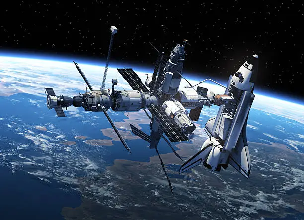 Space Shuttle And Space Station In Space. 3D Scene. Elements of this image furnished by NASA.
