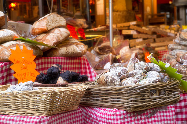 Stall of delicatessen on a market in Paris stock photo