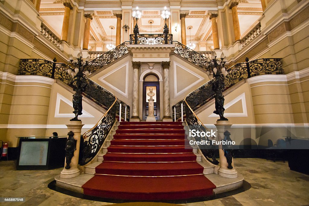 Red Carpet on Stairway Main Hall in Rio's national public library (This is a public building. No fees. Staircase Stock Photo