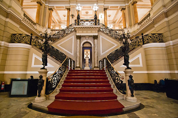 Red Carpet on Stairway Main Hall in Rio's national public library (This is a public building. No fees. red carpet event photos stock pictures, royalty-free photos & images